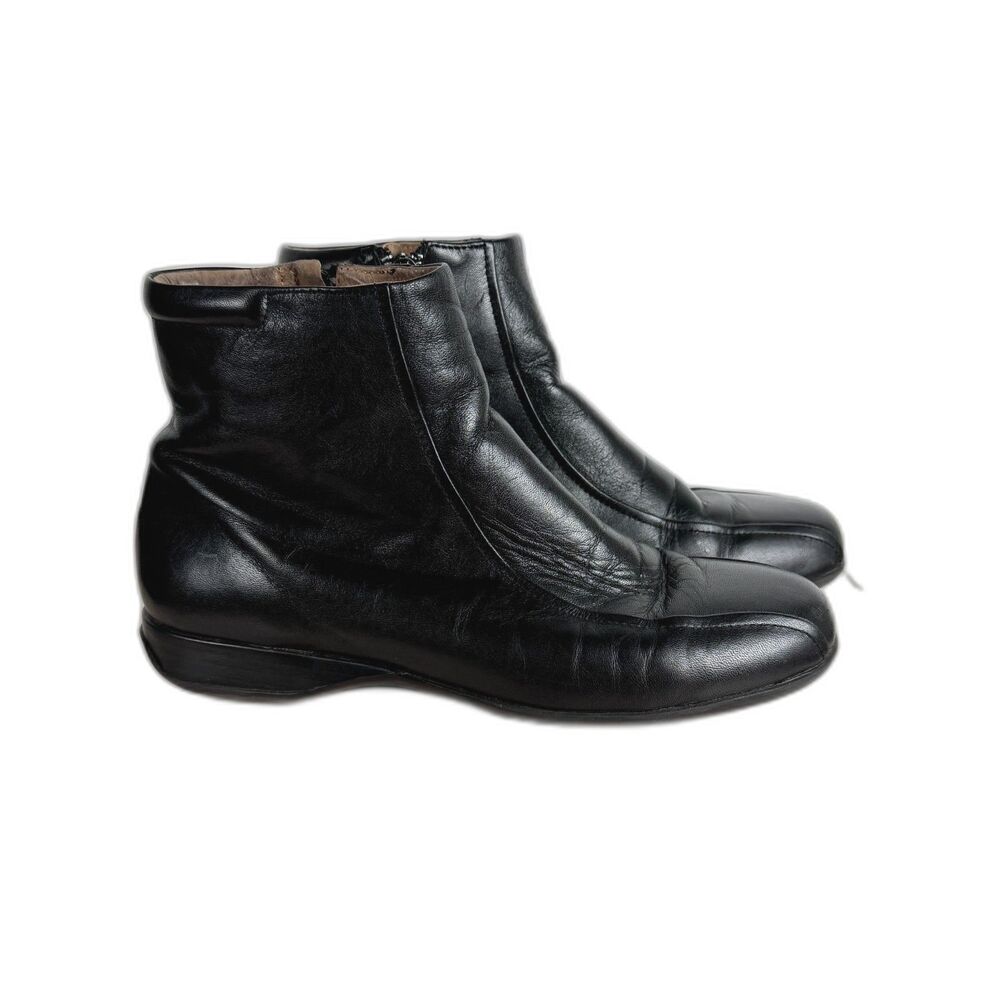 Hush Puppies Black Leather Ankle Boots Sz 6 Side Zip Boylston Minimalist Comfort